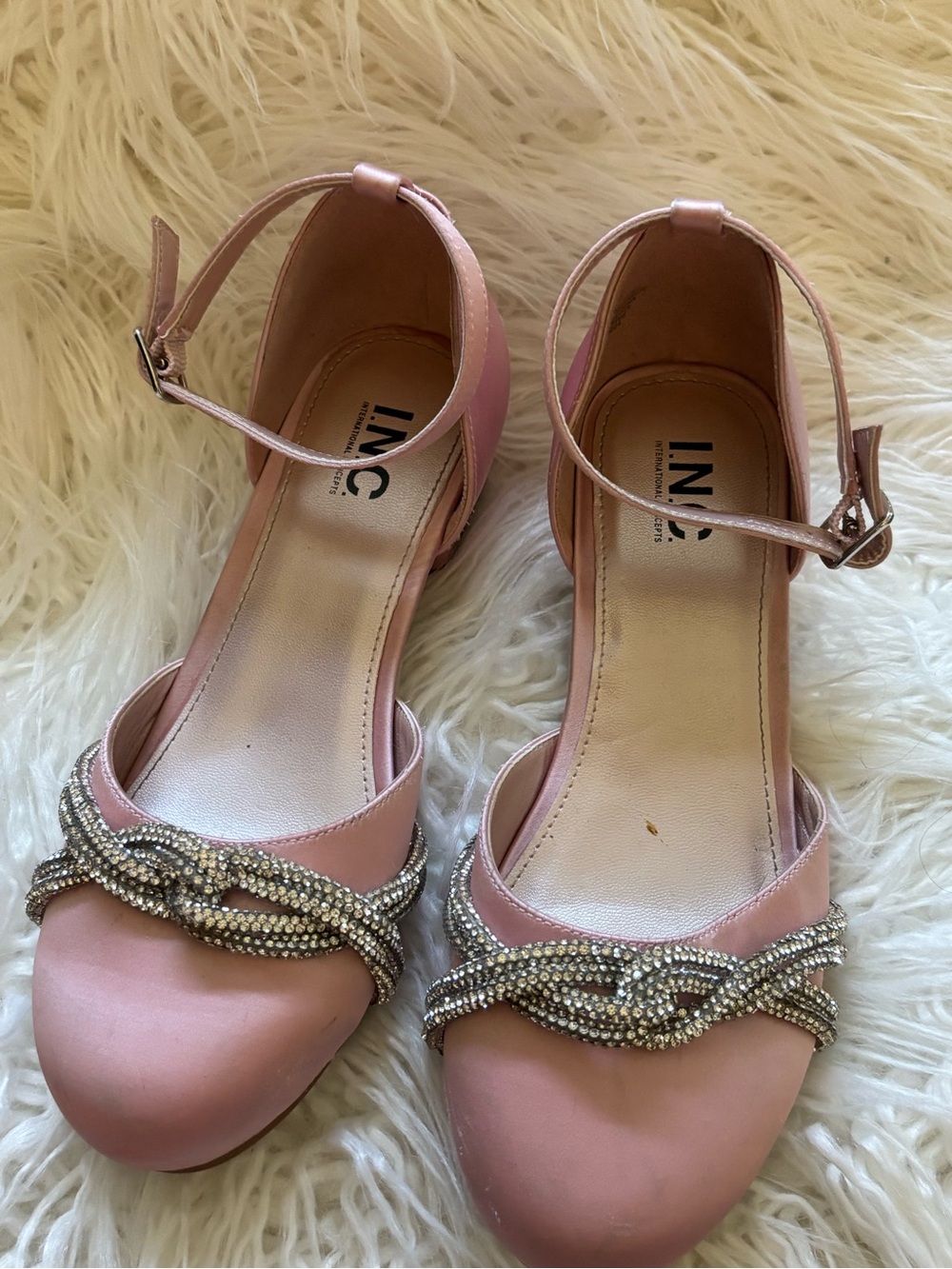 INC International Concepts Blush Pink Ankle-Strap Heels with Rhinestone Braid